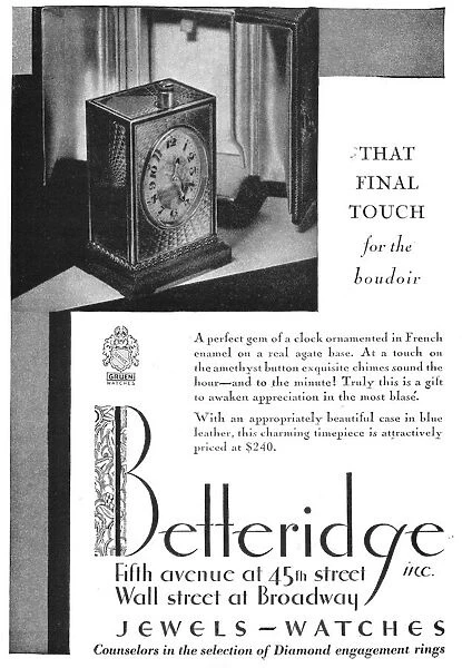 Advert for Betteridge clocks, Jewels and watches, 5th Ave at 45th Street