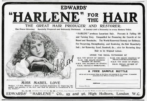 Advert for Edwards Harlene hair product 1902