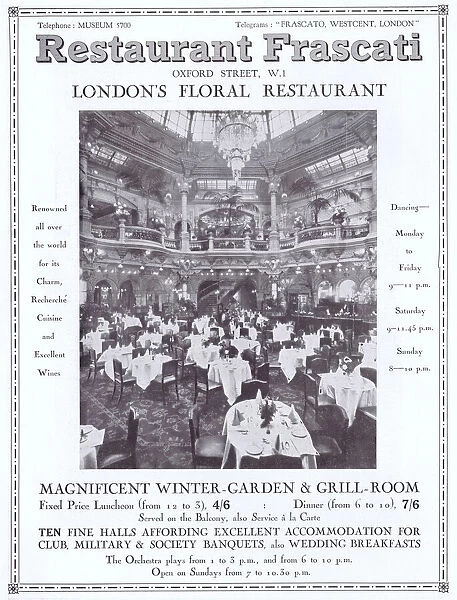 Advert for Frascati restaurant, Oxford Street, London, 1925