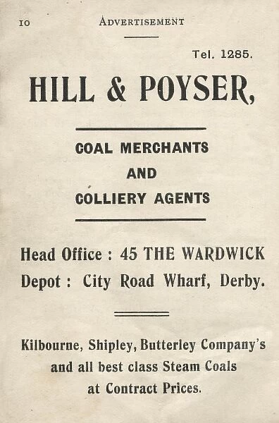 Advertisement for Hill & Poyser, coal merchants, Derby