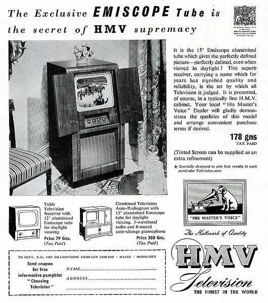 Advert, HMV television with Emiscope tube