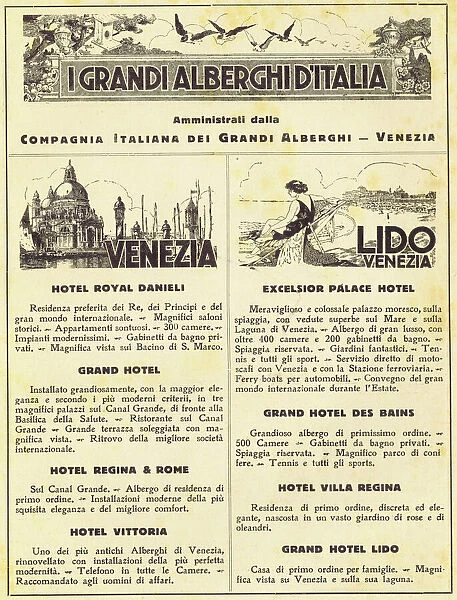 Advertisement for the main Hotels in Venice and the Lido