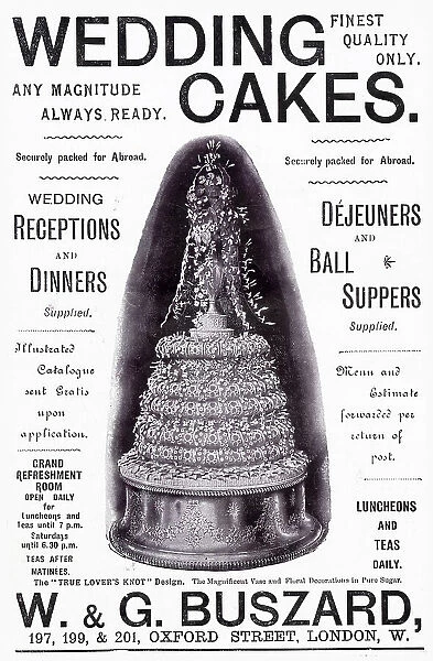 Advertisement ornate wedding cake. Date: 1910