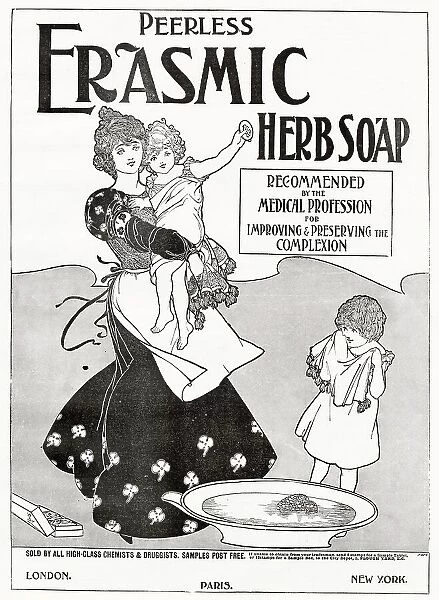 Advertisement Peerless Erasmic herb soap, available from high-class chemist and druggists. Date: 1893