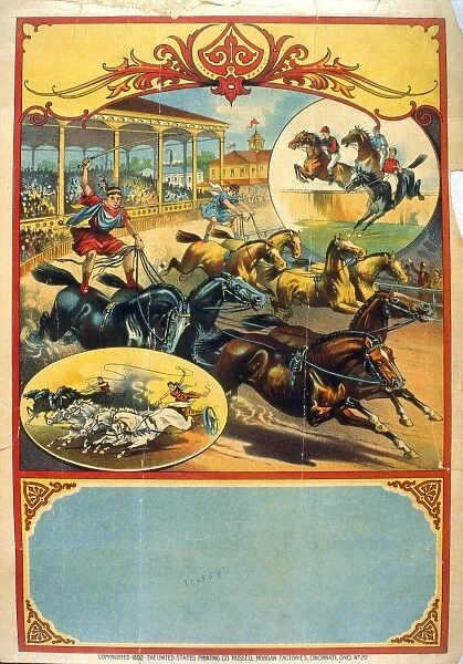 Advertising poster showing two men in classical dress riding