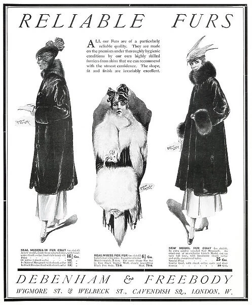Advertisement for a range of fur winter coats, made from seal musquash, white fox fur and seal musquash coat with skunk collar and cuffs. Date: 1915