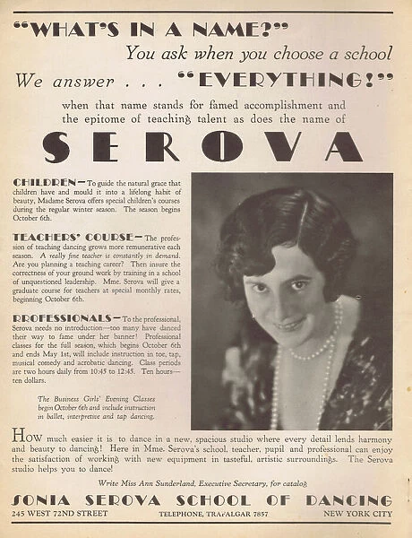 Advert for the Sonia Serova School of Dancing, 1930