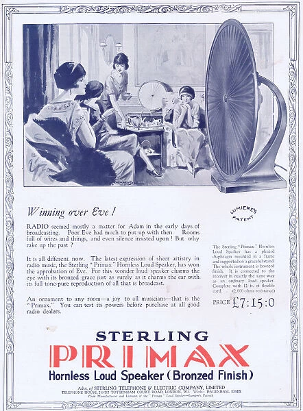 Advert for Sterling Primax hornless loud speaker, 1925