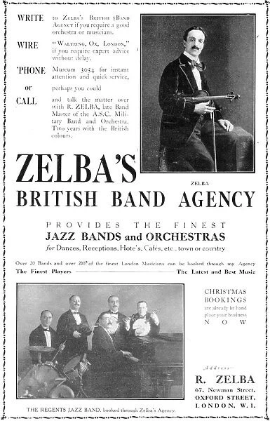 Advert for Zelbas British Band Agency, London, 1919