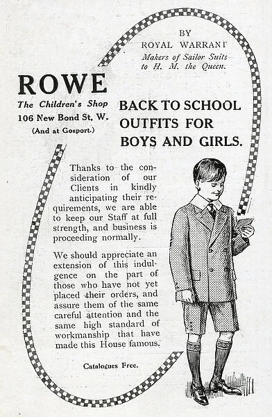 Advertisements for Rowe and D H Evans school outfits