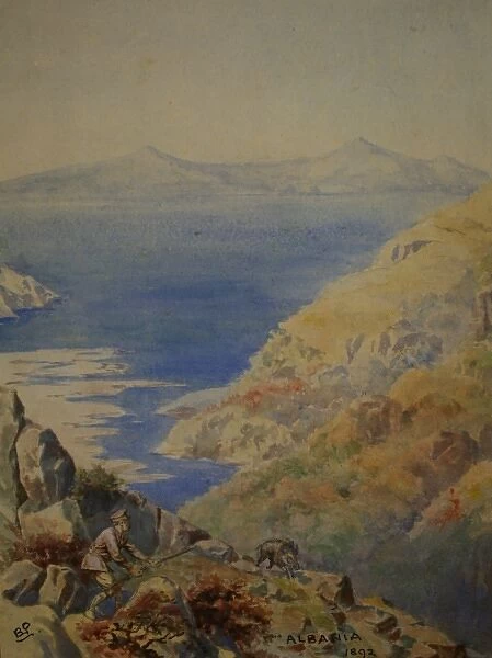 Albania. View of the sea from rocky cliffs in Albania.. 1892