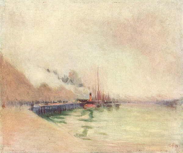Allegro. A misty painting revealing the view of a distant port, with smoking chimneys