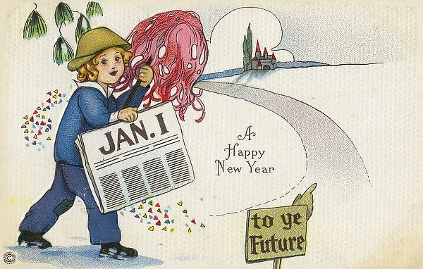 American New Years Card - Young boy striding into the future