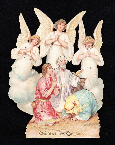 Angels and nativity scene on a cutout Christmas card