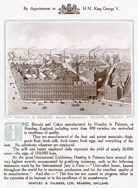 Appointment of H. M. King George V, biscuits and cakes manufacture by Huntley & Palmers, Reading England. Date: 1914