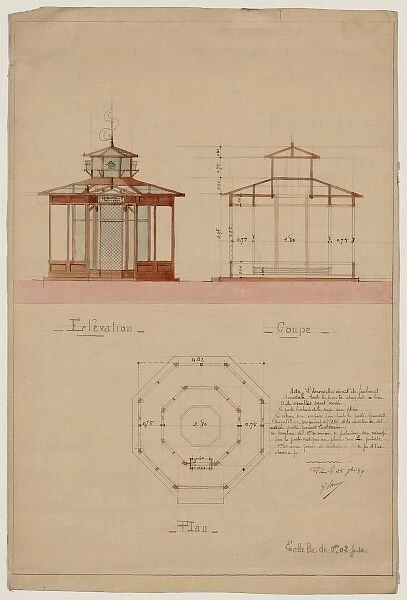 Architectural drawing showing elevation, cross section, and