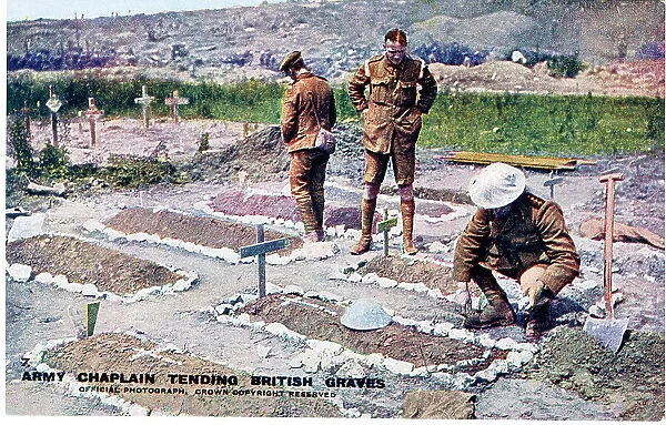 Army chaplain tending British graves, WW1