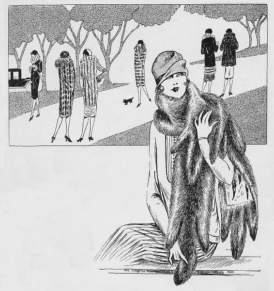 Art deco illustration of woman with fur coat, 1920s