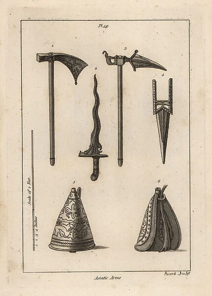 Asian battle axe, dagger, cresse and powder flask