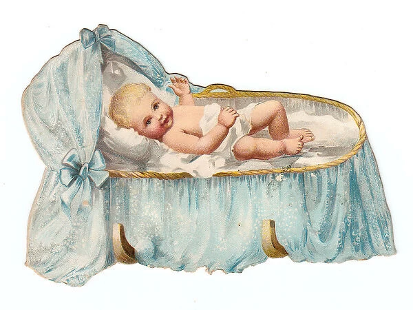Baby in a cradle on a cutout greetings card