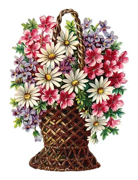 Basket of assorted flowers on a Victorian scrap