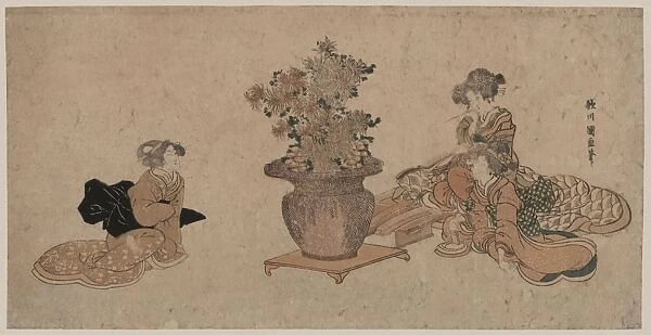Three beauties admiring an arrangement of rikka flowers