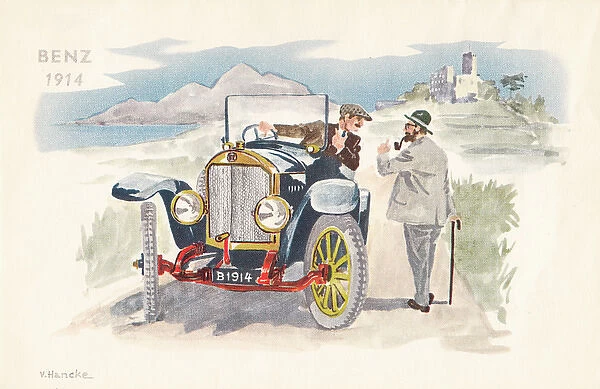 Benz car on a postcard