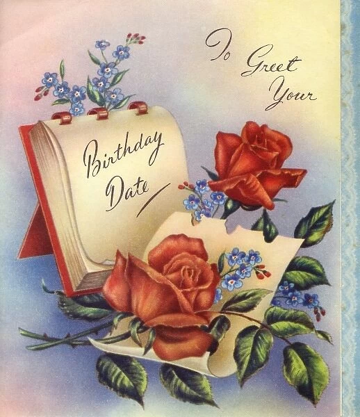 Birthday card with calendar and red roses