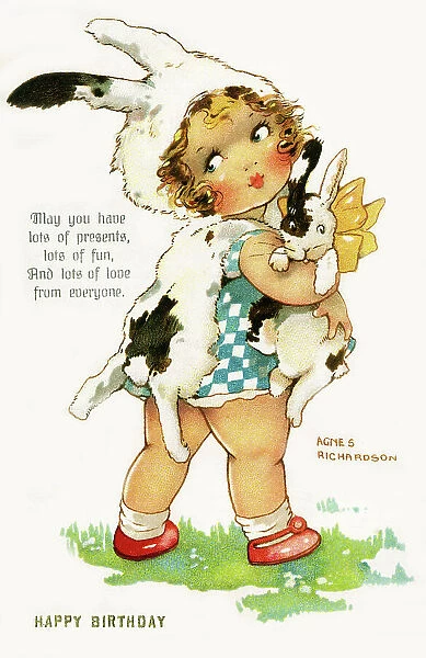 Birthday postcard, Girl in rabbit outfit carrying a bunny