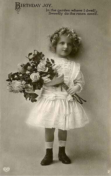 Birthday postcard, little girl with roses and verse