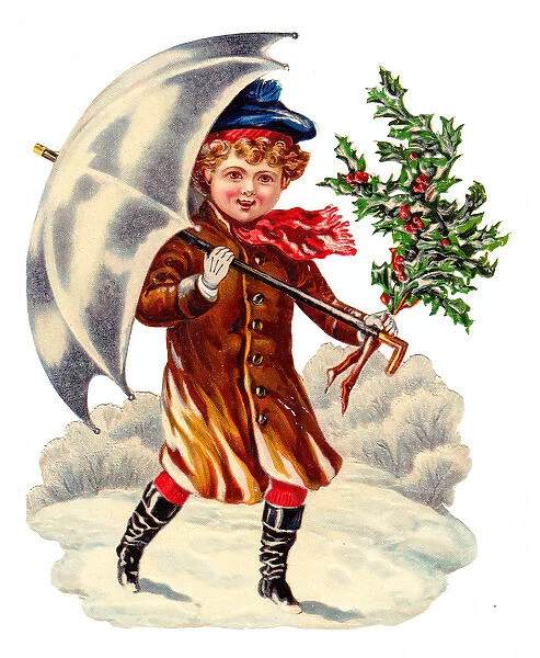 Boy with holly on a Victorian Christmas scrap