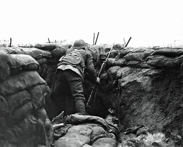 British lookout soldier in trench, Western Front, WW1