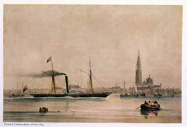 The British paddle-steamer arrives in the harbour of Antwerp after crossing the Channel. Date: circa 1845