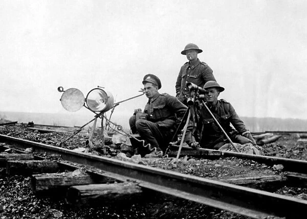 British signal station on railway track, Western Front, WW1
