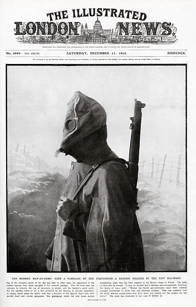 A British soldier wearing a new gas mask on the front cover of The Illustrated London