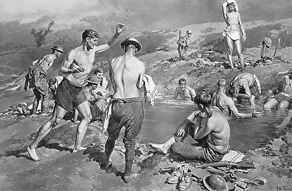 British soldiers bathing in flooded shell hole by Matania