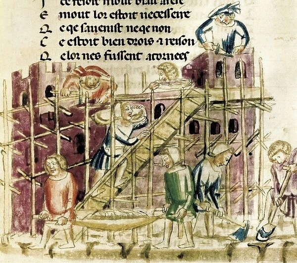 Building a fortress (14th c. ). Gothic art. Miniature