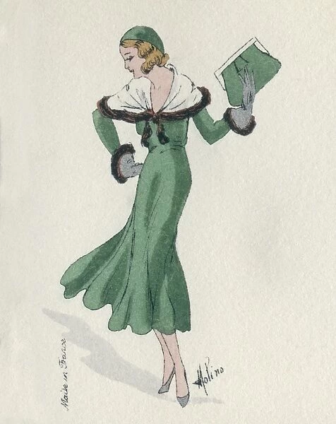 Business card design, woman in green dress
