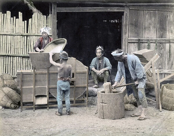 c. 1880s Japan - cleaning and pounding rice