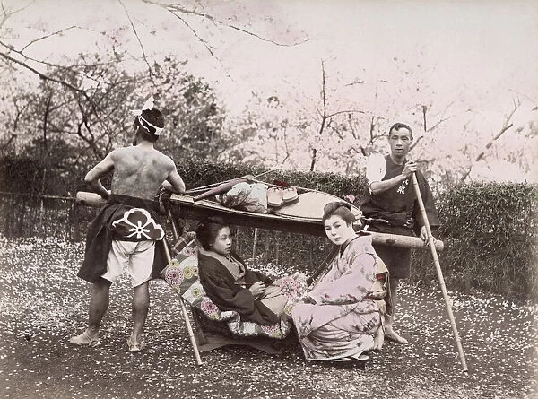 c. 1880s Japan - woman in sedan chair, tattooed bearers