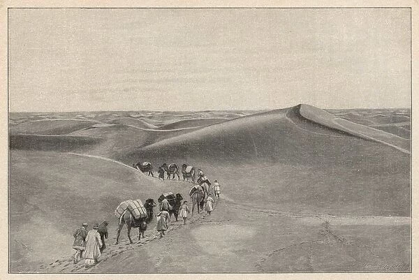 Camel train in Central Asian desert