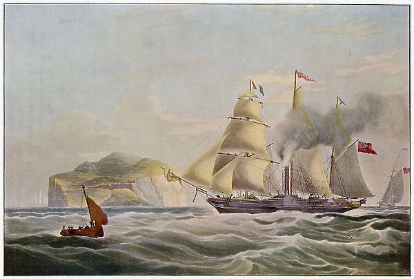 Captained by William Bain, the early steamship is depicted passing the Bass Rock on her way to Edinburgh Date: 1834