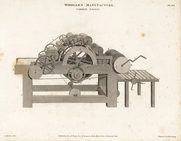 Carding engine used for wool manufacture, 18th century