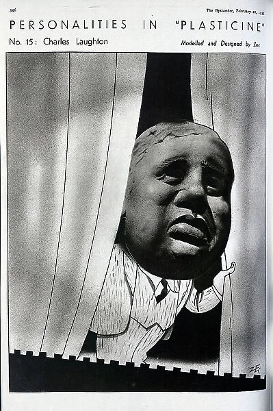 Caricature illustration of Charles Laughton, actor, in plasticine and pen. Captioned, Personalities in Plasticine, No 15 Charles Laughton'. Philip Zec (1909-1983), illustrator and cartoonist