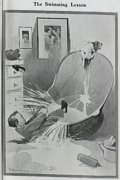 Caricature illustration by G F Studdy, of dog on leash and boy being tipped out of bath tub with water. Captioned, The Swimming Lesson'. George F Studdy, illustrator, renowned for series of works on the dog, Bonzo
