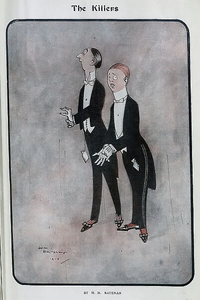 Caricature illustration, The Killers by H M Bateman. Showing two young gentlemen in evening dress suits, fancy socks and dance shoes. Henry Mayo Bateman (1887-1970)'illustrator and cartoonist