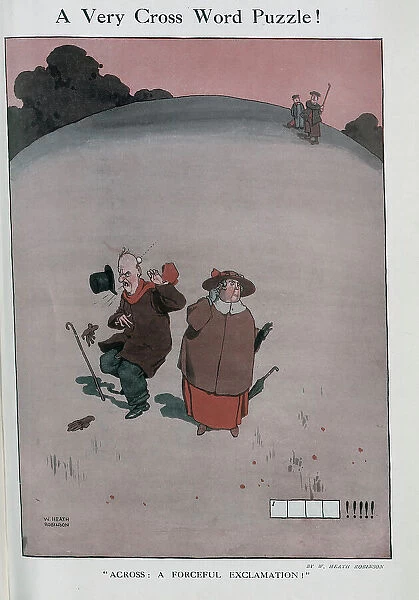 Caricature illustration by W Heath Robinson. Showing angry man being hit by golf ball in foreground, woman with finger in her ear, two golfers in background looking