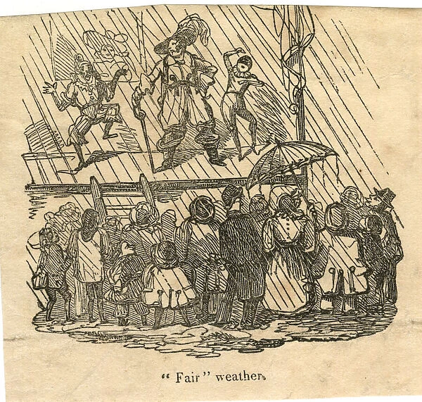 Cartoon, Fairground performers in the rain