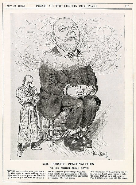 Cartoon portrait, SIR ARTHUR CONAN DOYLE (1859 - 1930), writer, caricatured with his head in the clouds and with manacles on his ankles, chained to a small Sherlock Holmes figure standing alongside