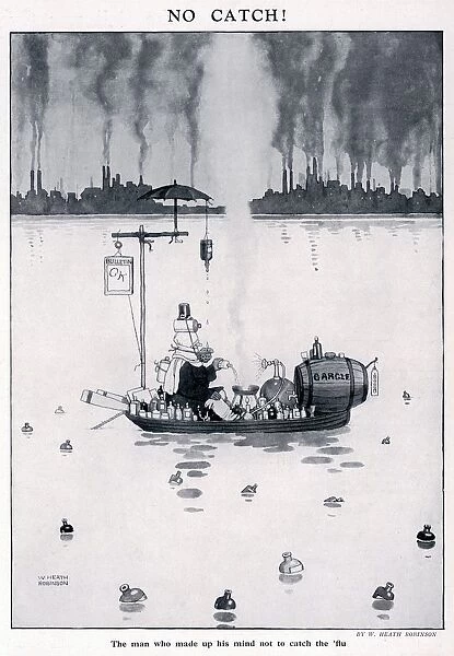 No Catch. The man who made up his mind not to catch the flu by William Heath Robinson